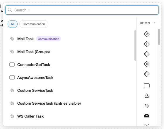 Append menu panel showing templates on the left and a compact BPMN element palette on the right