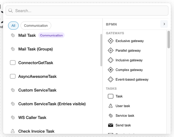 Expanded BPMN palette showing Gateways and Tasks categories with icons and labels