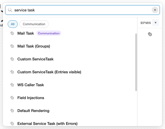 Search for "service task" filtering both templates and BPMN elements