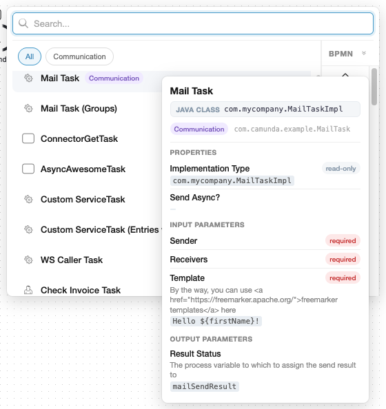 Mail Task template card expanded on hover, showing Java Class binding and 6 properties