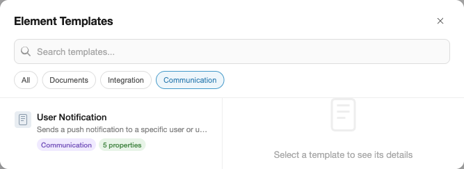 Chooser with "Communication" category filter active, showing only the User Notification template