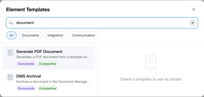 Chooser with "document" typed in the search bar, showing two matching templates