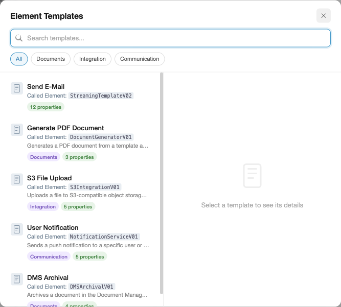 Chooser overlay showing five available templates with search bar and category filter chips