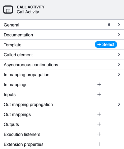 Properties panel showing the Template section with a "+ Select" button for a Call Activity