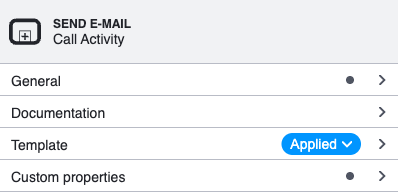 Properties panel after applying the "Send E-Mail" template, showing the Applied badge and Custom properties section