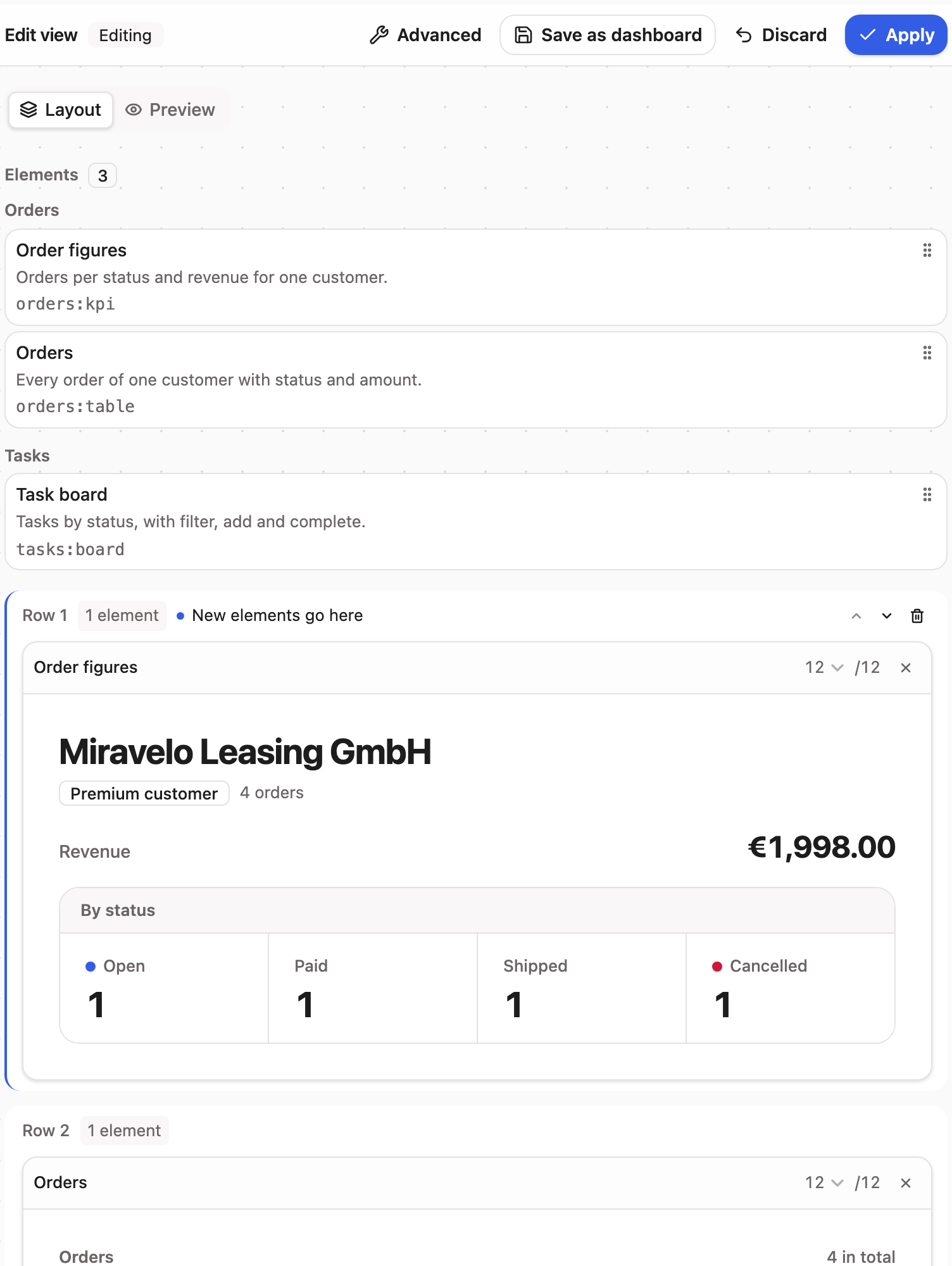 The view editor: the available widgets listed above the layout's rows, each with its column span