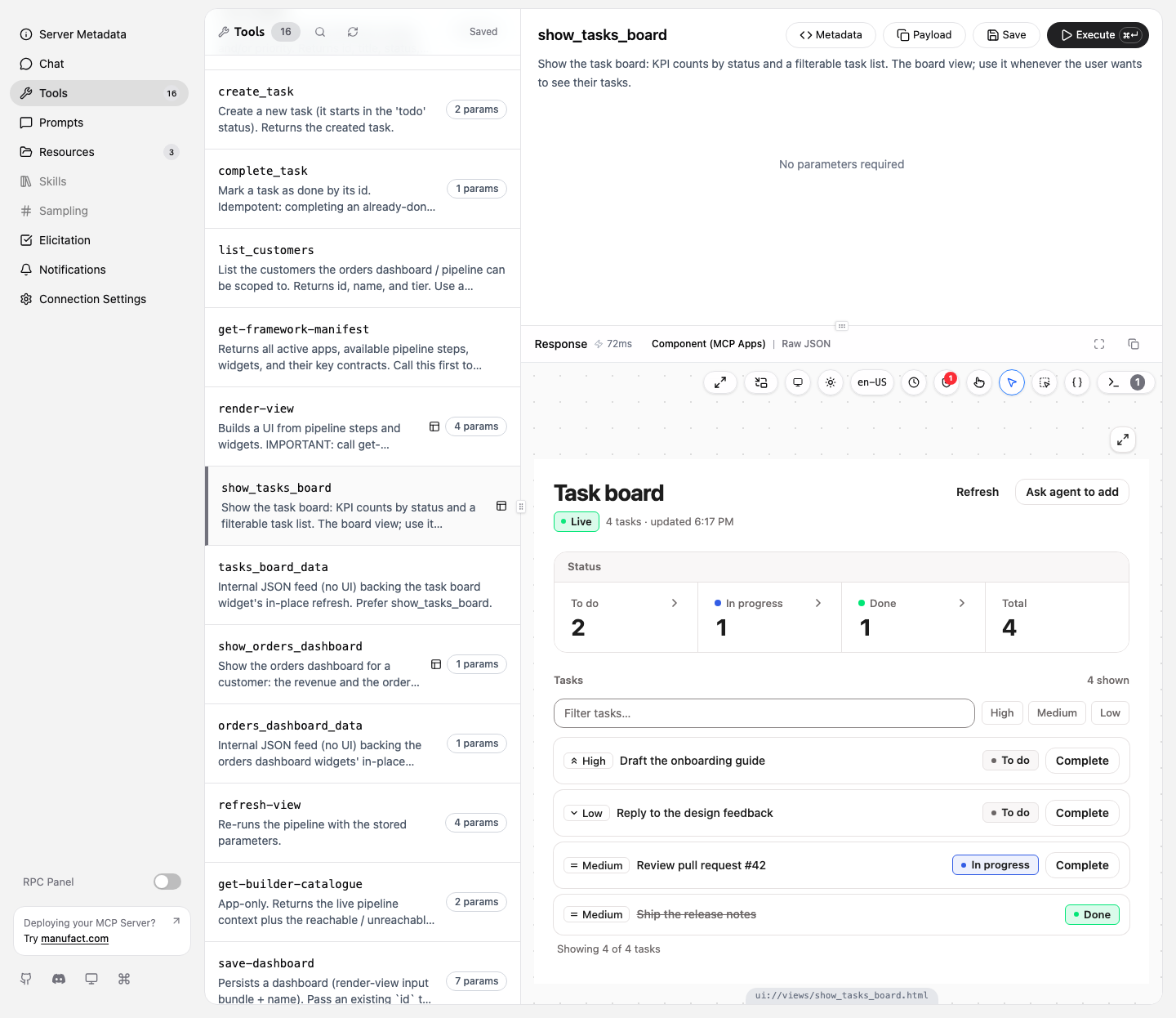 The mcp-use inspector: pick a tool on the left, Execute, and a widget tool renders its result inline