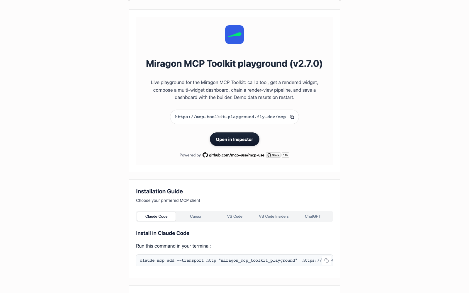 The playground landing page: server description, connection URL, an Open in Inspector button, and per-client install instructions